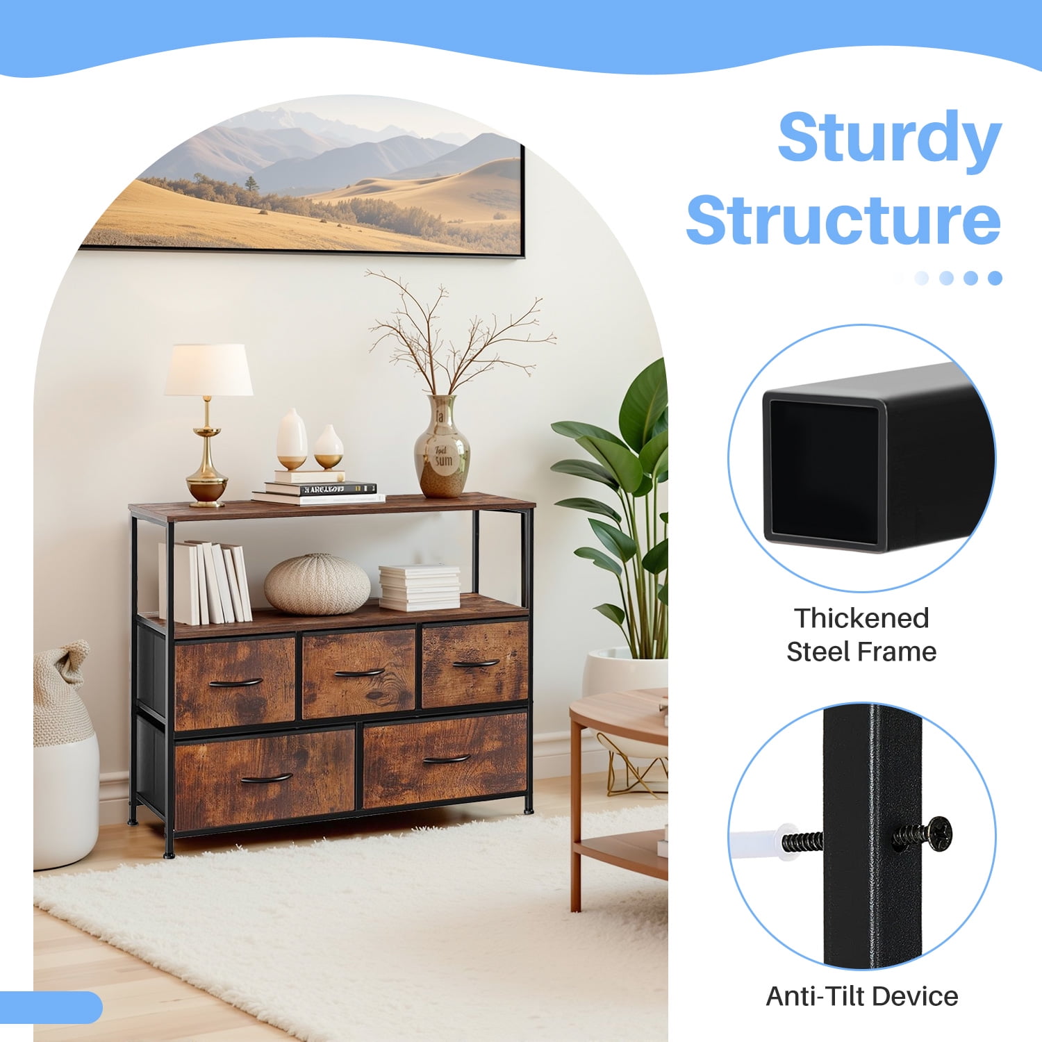 Simenmax 5 Fabric Drawer Dresser TV Stand for Bedroom, Entertainment Center for 45 Inch TV with Storage Drawer Unit, Open Shelf, Adjustable Feet, Living Room, Brown