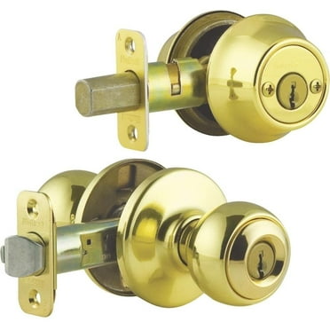 Kwikset 96950-163 Polished Brass Entry Knob With Double Cylinder Deadbolt Pack