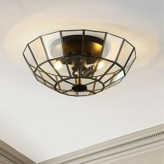 JONATHAN Y Theo 15.5" 2-Light Farmhouse Rustic Iron/Glass LED Semi Flush Mount, Oil Rubbed Bronze/Clear, JYL9928A