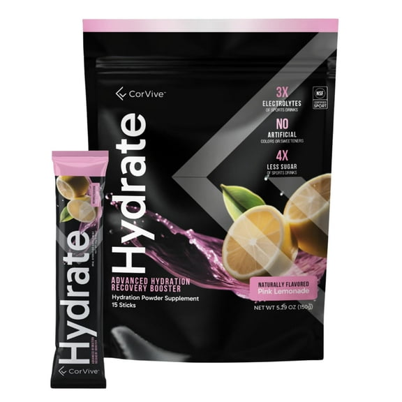 Hydrate Electrolyte Drink Mix | Pink Lemonade Flavor | NSF Certified | Electrolytes, Vitamin C, Magnesium, Zinc, Potassium | Used by Athletes & US Military | Boost Performance | 15 Packs