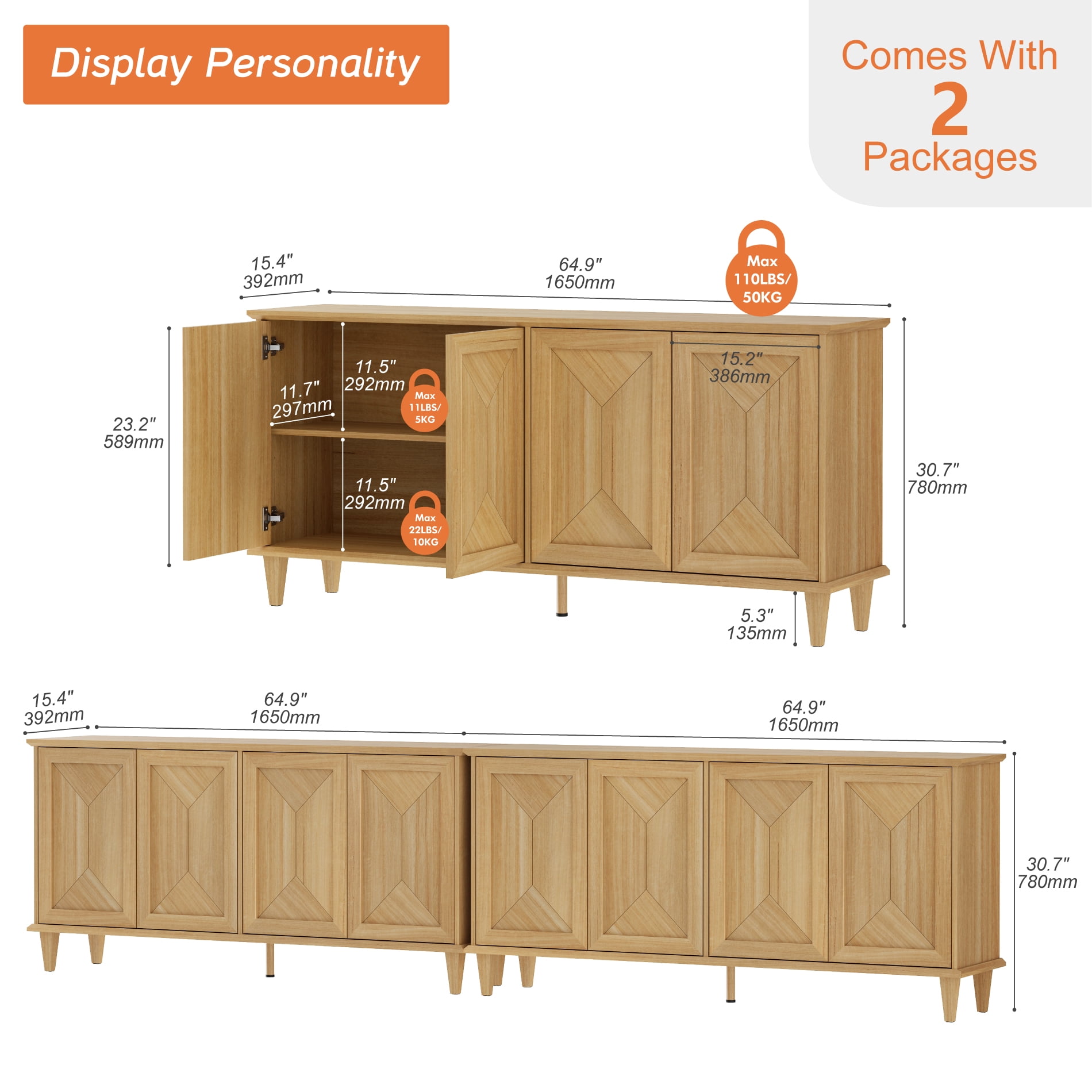 WAMPAT Modern Farmhouse Media Console for 85-130+ inch TVs,130-inch Large Double Unit TV Stand with Handcrafted Patchwork Doors,Massive Storage with Adjustable Shelves & Cable Management,Natural Oak