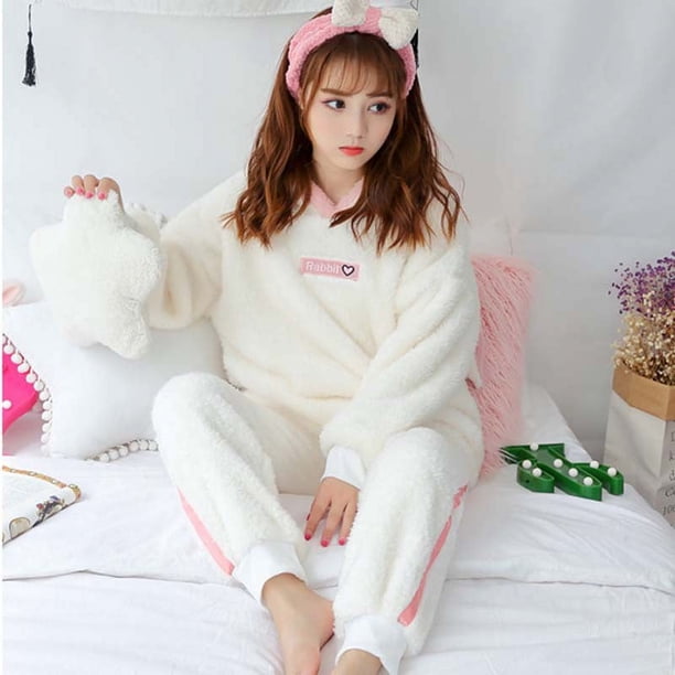 Pijamas de franela de manga larga para mujer de otoño e invierno, lindos pijamas de felpa de estilo coreano, conjunto de ropa para el hogar de vellón coral de invierno grueso