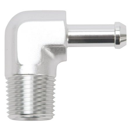 Edelbrock Hose End 90-Deg 1/2In NPT to 3/8In Barb Clear Anodize