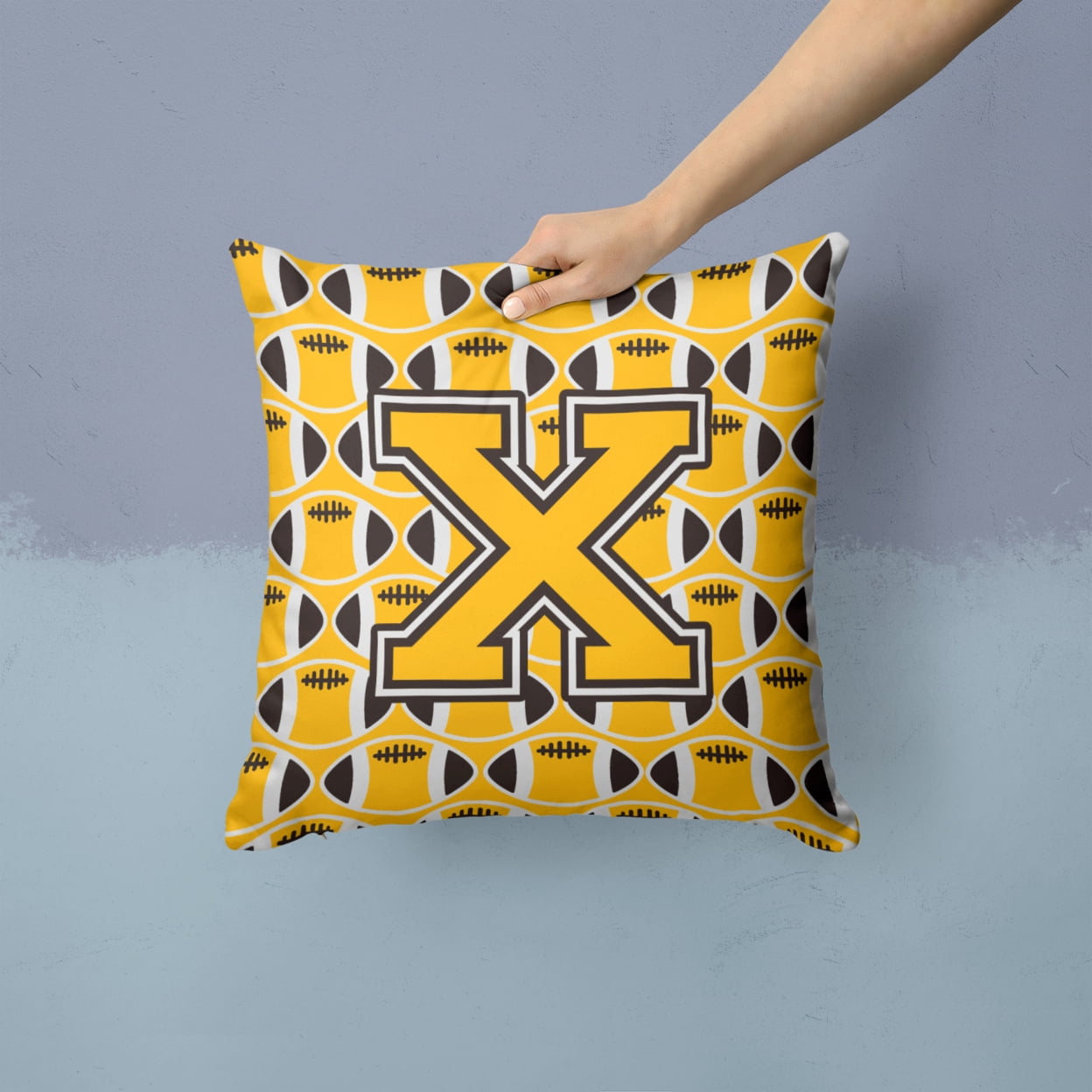 Letter X Football Black, Old Gold and White Fabric Decorative Pillow