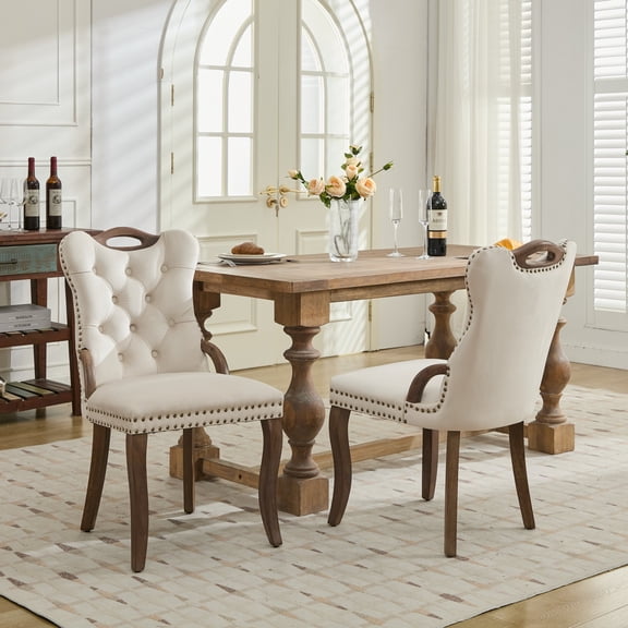 Upholstered Dining Chairs Set of 2, LEGAHOME Beige Farmhouse Dining Side Chairs with Nailhead Trim Back, Wooden Kitchen Chairs for Dining Room, Beige