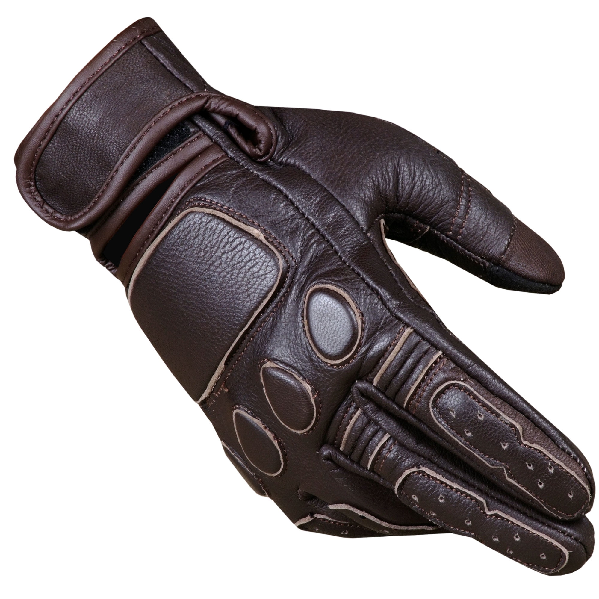 Men's Vintage Goatskin Leather Motorcycle Gloves Gel Padded Cruiser Street Riding Protective Racing Powersports Brown L