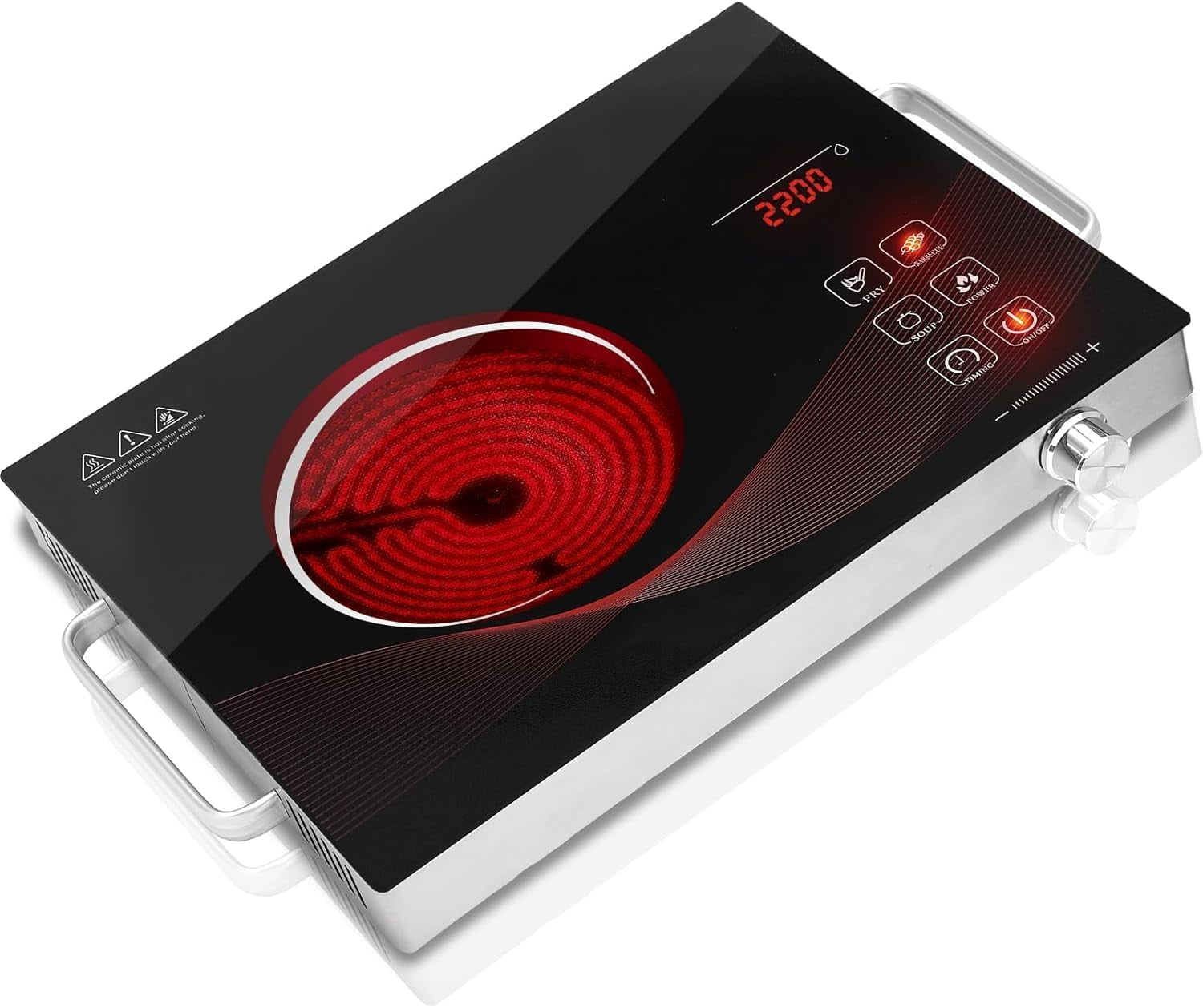 TYEMUI Electric Hot Plate Single Burner for Cooking, Portable Countertop Free Standing Stove Single Burner, 2200 watts Glass Ceramic Cooktop with Timer