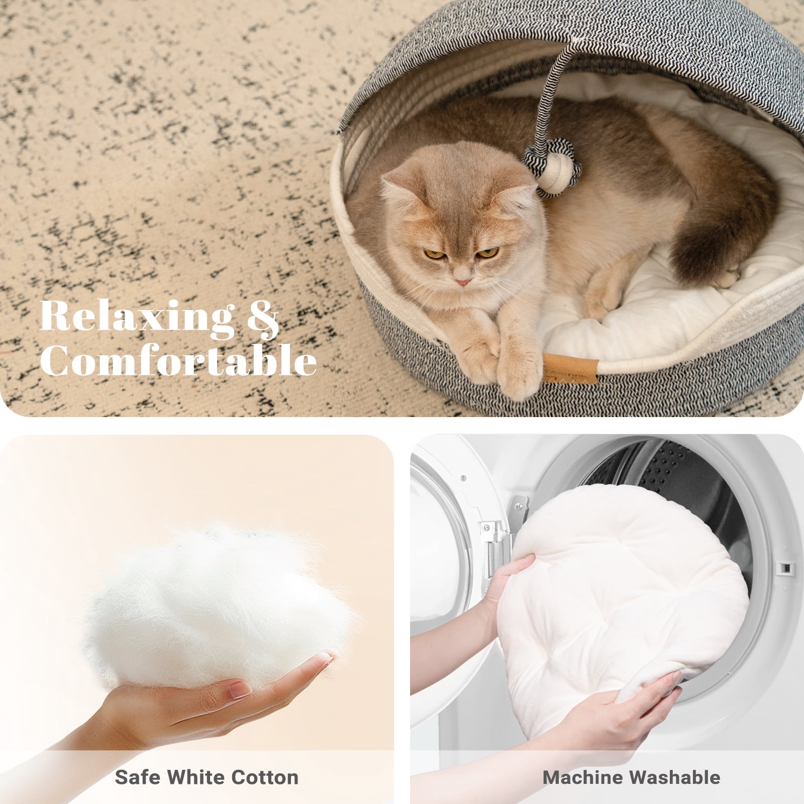 Cheerpals 3-in-1 Cat Bed, Hand-Woven Cat Cave with Washable Cushion & Toy Ball, Durable Cat Scratcher for Year-Round Use