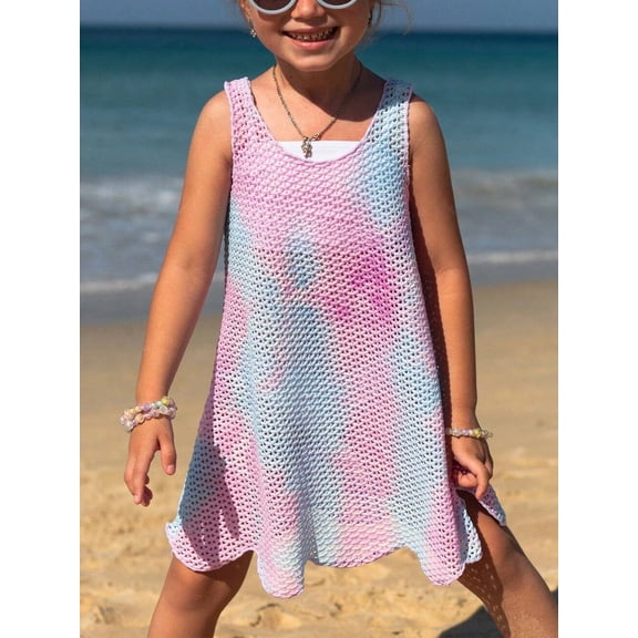 HWJAD 3-7 Years Toddler Girls Tie Dye Crochet Cover Up Dress Sleeveless Hollow Out Beach Dress for Kids Summer Beach Swimwear