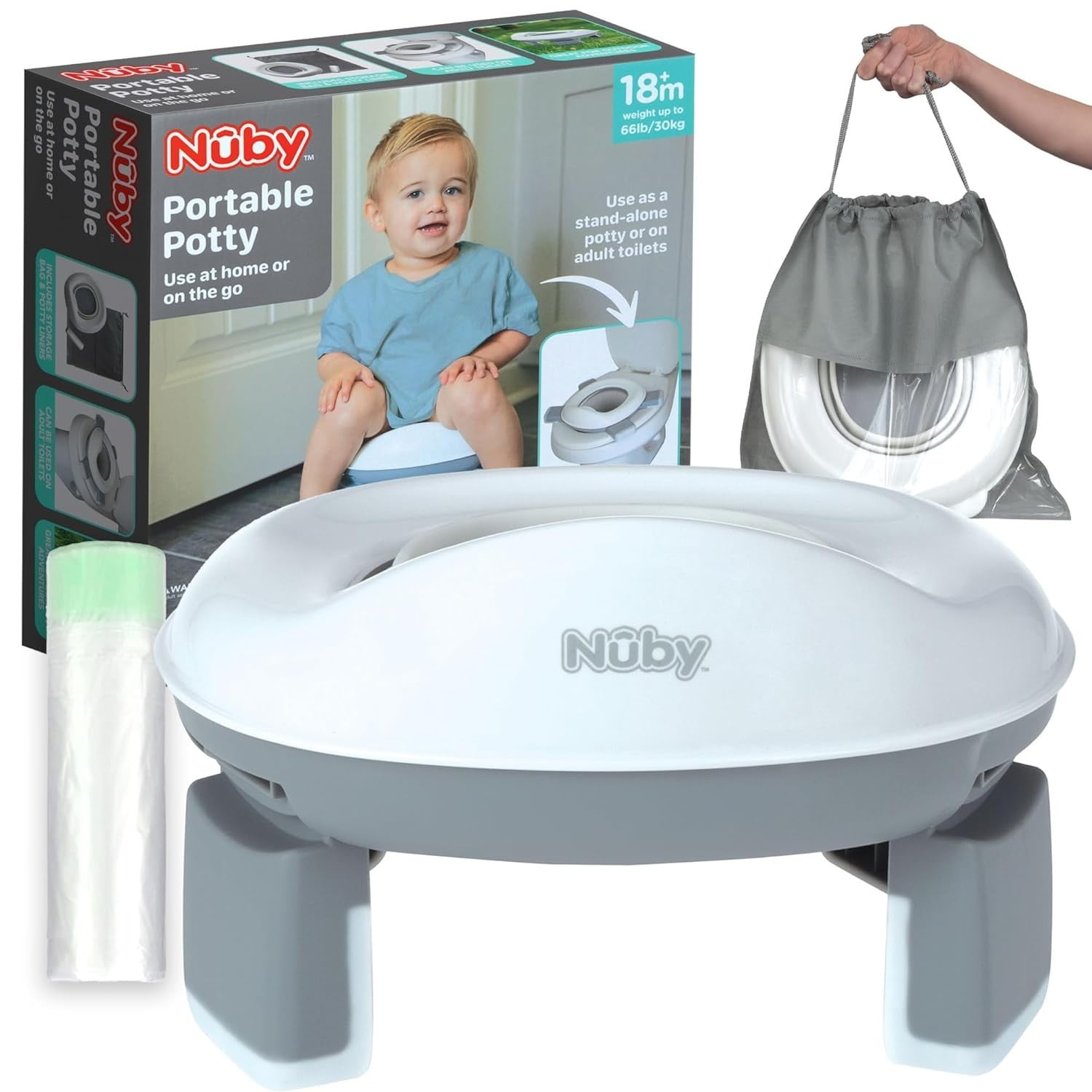 Nuby Portable Potty and Toilet Training Seat with Disposable Bags and Travel Bag, Gray/White