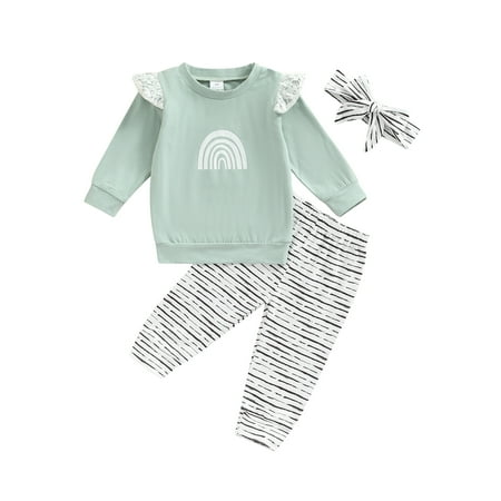 

GuliriFei 3Pcs Autumn Toddlers Baby Girls Outfit Rainbow Fly Long Sleeve Pullover Tops+Leaves Print Pants+Headwear Set