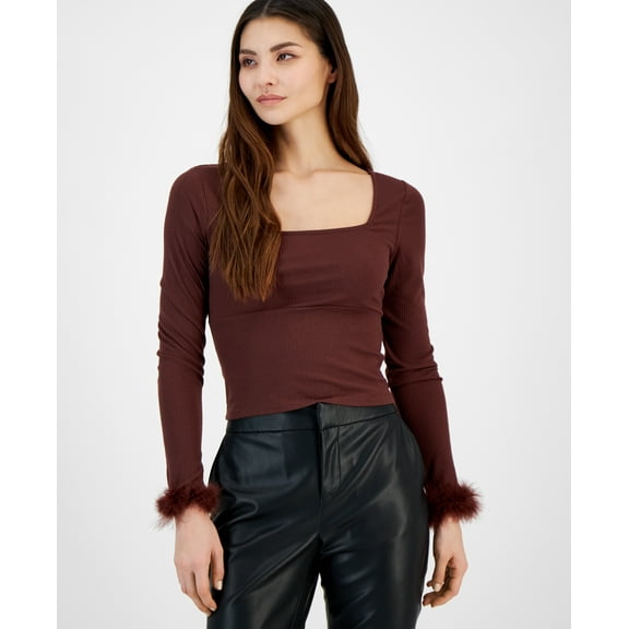 Juniors' Faux-Feather-Cuff Ribbed Top Brown Stone S