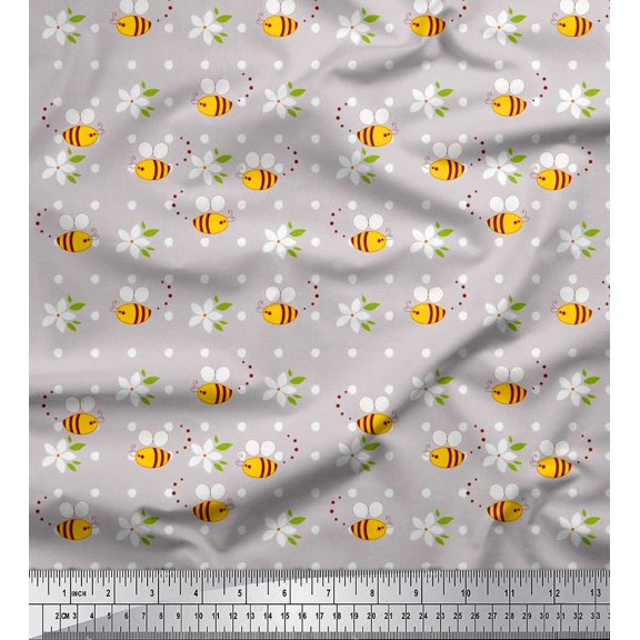 Soimoi Modal Satin Fabric Leaves,Floral & Honey Bee Clip Art Printed Fabric 1 Yard 42 Inch Wide