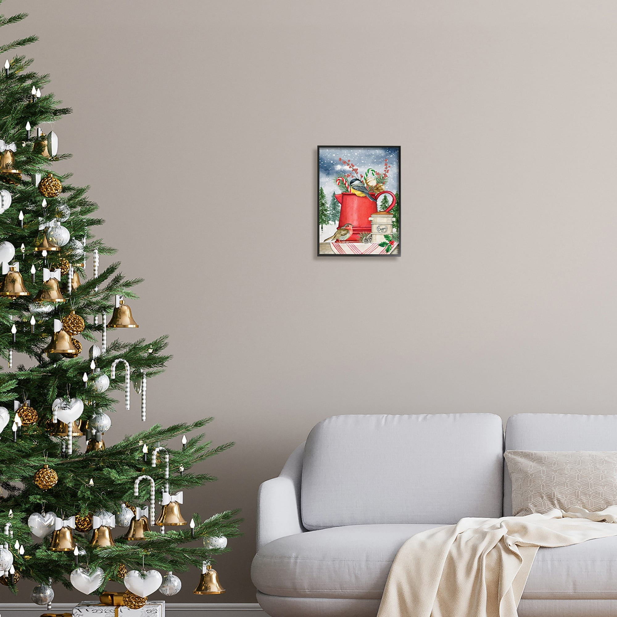 Winter Birds Perched Tea Kettle Holly & Fir Botanicals Botanical & Floral Painting Framed Art Print Wall Art