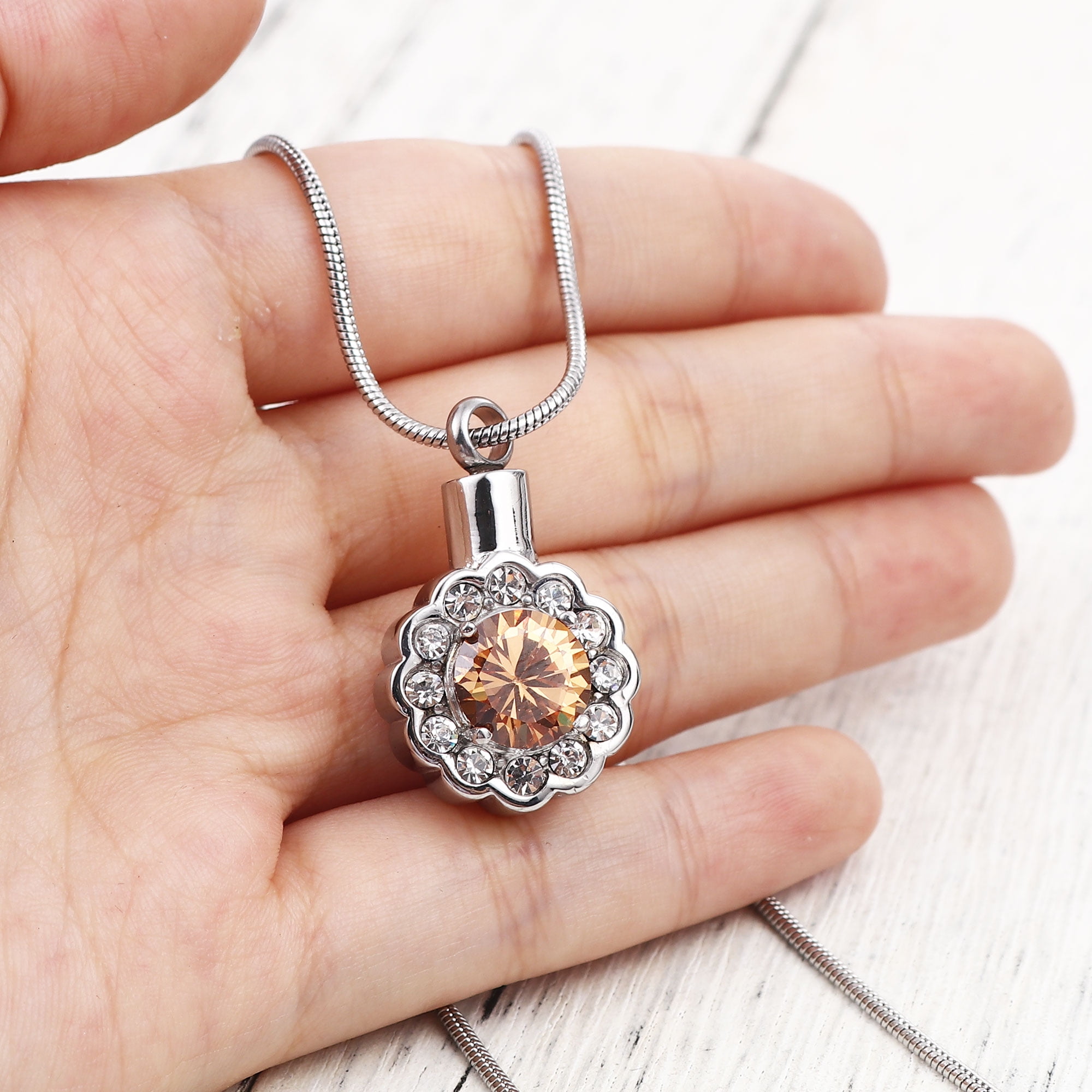 Anavia Round Champagne Beautiful Crystal Rhinestone Flower Cremation Urn Human Ashes Container Stainless Steel Memorial Pendant Keepsake Jewelry with Free Funnel Kit and Velvet Jewelry Box