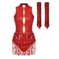 thumbnail image 3 of iiniim Women's Sequins Salsa Tango Jazz Dance Bodysuit with Gloves Tassels Ballroom Leotard Jumpsuit Red M, 3 of 7