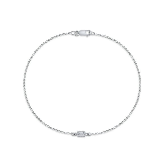 Solitaire Bracelet for Women | 0.06 Carat Baguette Shape Lab Grown Diamond Cable Link Chain Bracelets | 14K White Gold Over Sterling Silver Stacking Dainty Bracelets for Brides- 7.00 Inch