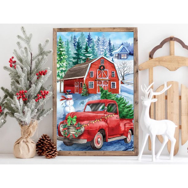 Christmas Diamond Painting Kits Red Truck 5D Paint Farm Winter Night Wall  Decor