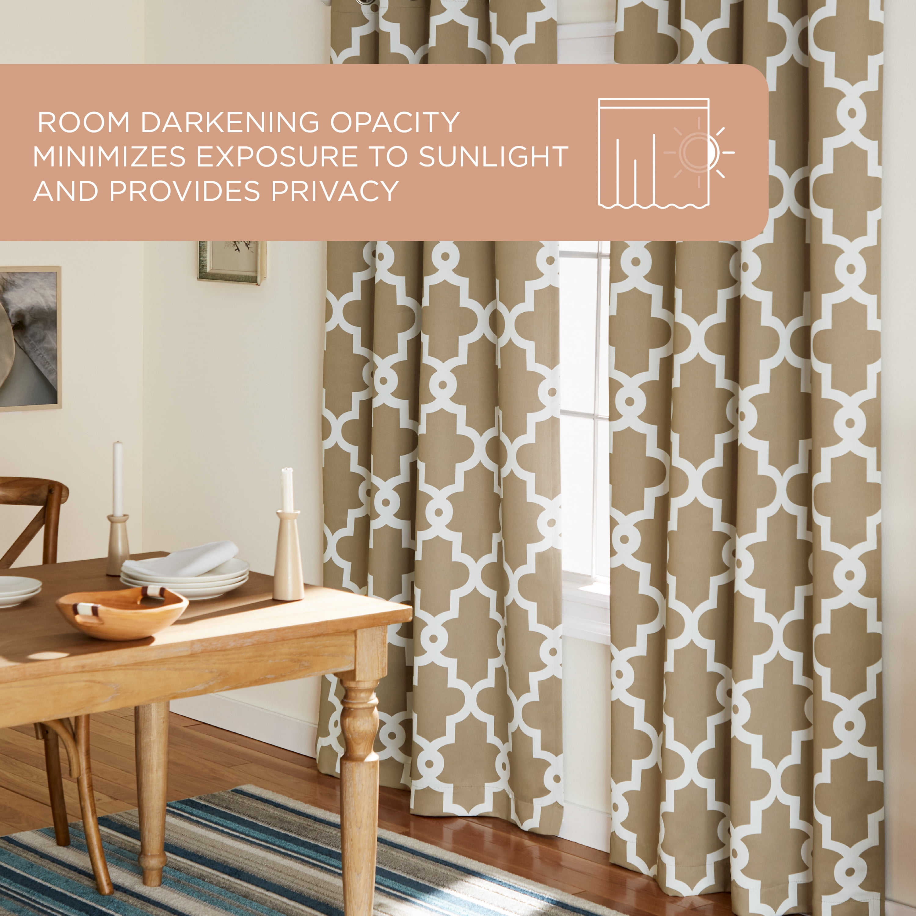 TOWN & COUNTRY EVERYDAY Ironwork Geo Trellis Sateen Indoor Curtains, Room Darkening Blackout, Grommet Top, Energy Efficient, 2-Pack Set, 52"x96", Taupe