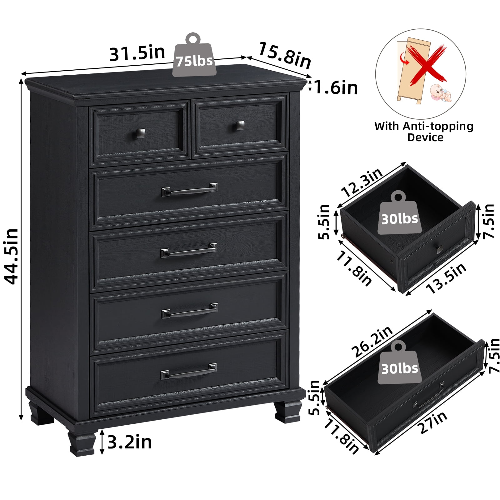 LELELINKY 6 Drawer Vertical Dresser for Bedroom, Modern Chest of Drawers Wood Storage Cabinet for Living Room, Black