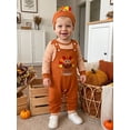 thumbnail image 4 of Loicainy Infant Baby Boy Thanksgiving Outfit 3 6 9 12 18 Months Striped Crew Neck Long Sleeve Romper Turkey Print Overalls and Hat 3 Pcs Clothes Set, 4 of 9