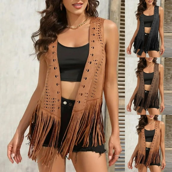 FRSASU Women's Tassel Vests Fashion Solid Color Sleeveless Fringe Waistcoat Hollow Out Western Jacket Gilet Coffee XL(XL)