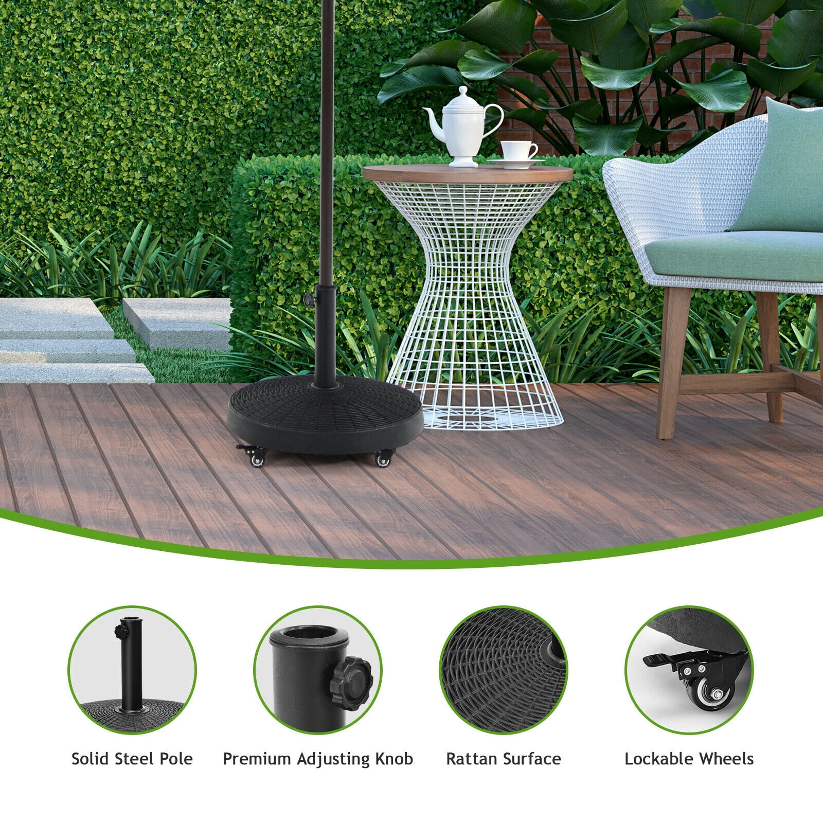 Patiojoy 50lbs Round Resin Umbrella Base Rattan Designed Outdoor Umbrella Stand W/ Lockable Wheels