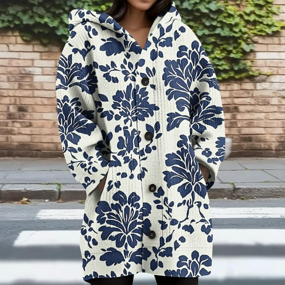Gamivast Oversized Floral Knit Hoodie Women Oversized Button Down Hooded Open Front Sweater with Pockets Winter Thermal Long Sleeve Coats Fall Fashion Outfits