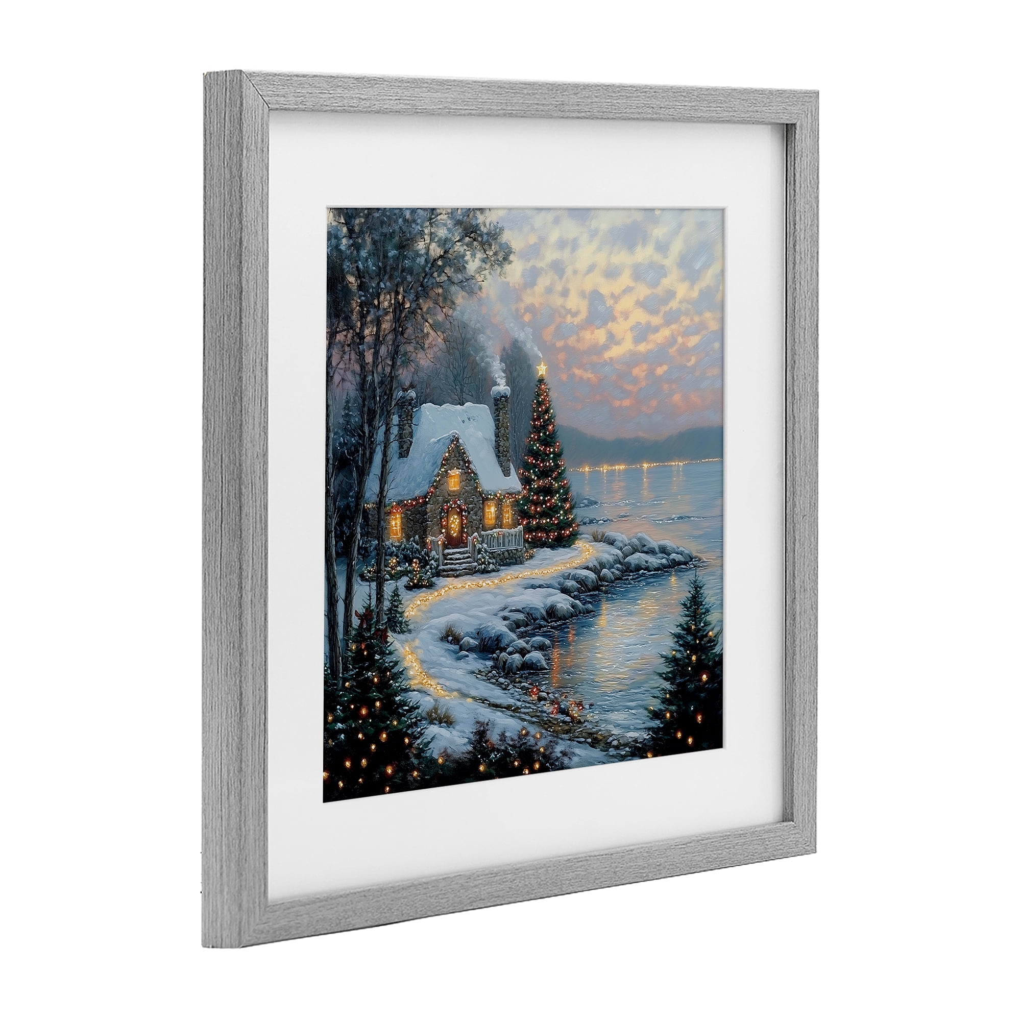 Stupell Industries Snowy Lit Cottage by Lake Gray Framed Print Under Glass, design by Heidi Kuntz