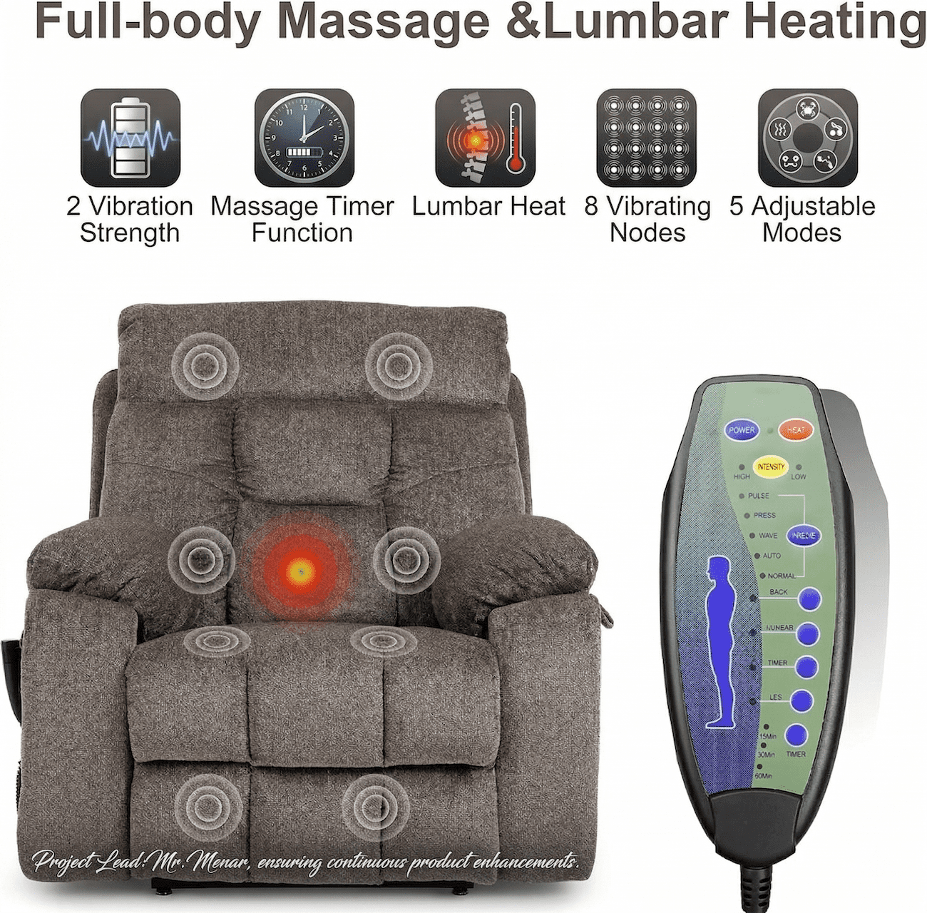 Lift Recliner Chair with Dual Motor, Oversized Power Lift Recliner for Elderly, Heat and Massage, 26" Wide Seat Big and Tall Recliner, 180° Lay Flat Electric Chair, 400 LBS, Brown