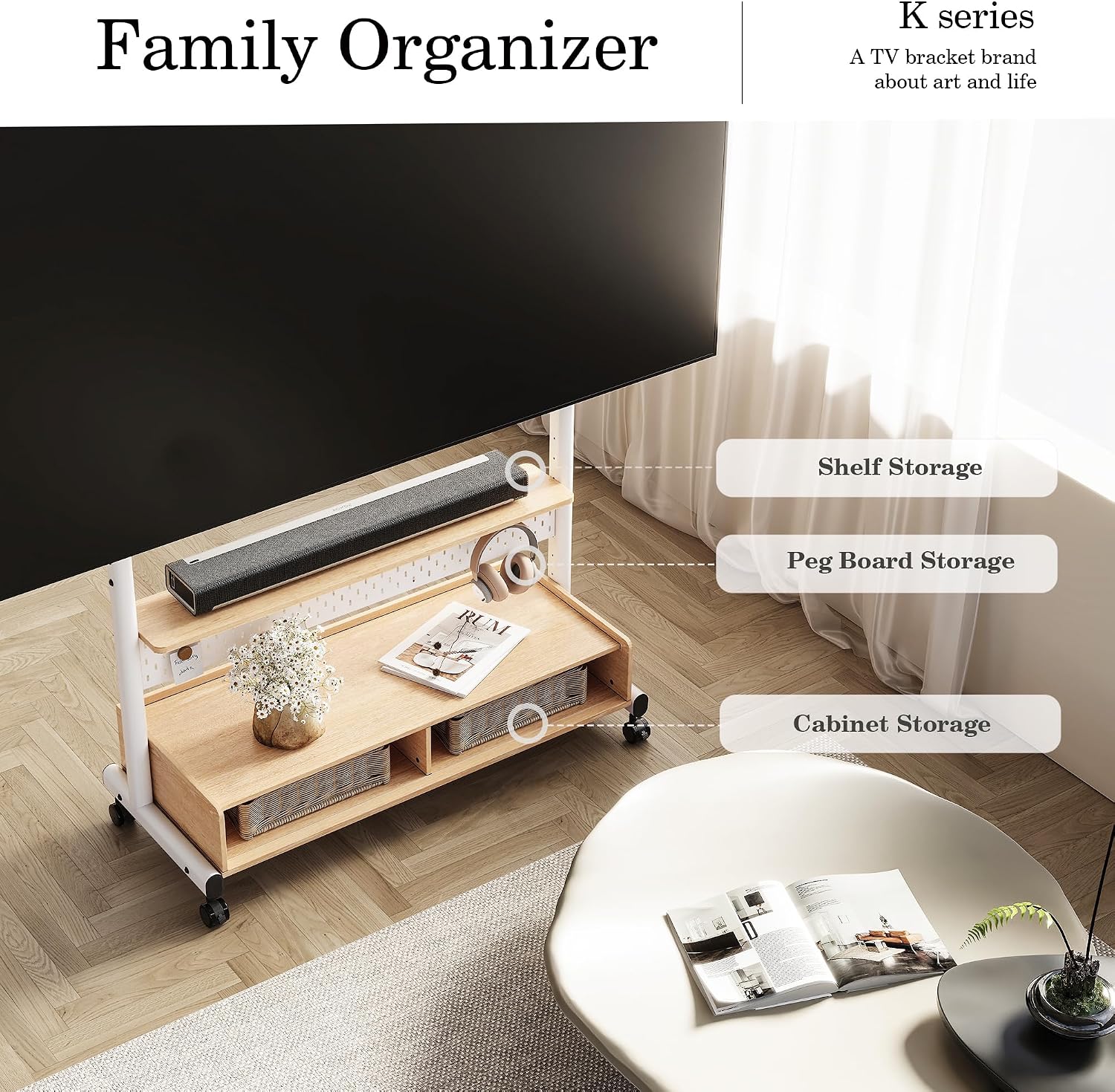 FITUEYES Rolling TV Stand for 70–100 Inch TVs, White & Light Wood, Wood Shelf & Pegboard