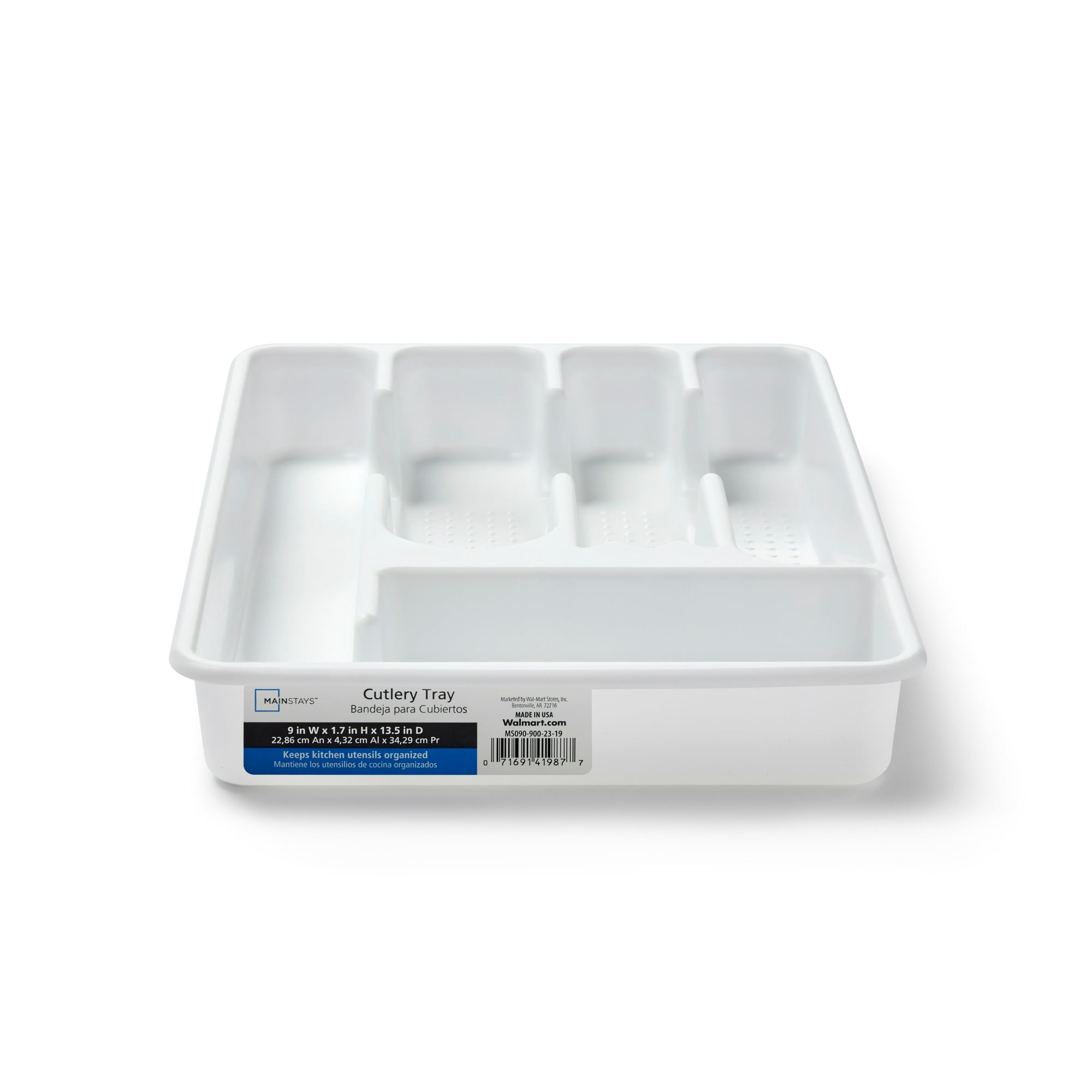 Mainstays Plastic 5-Compartment Kitchen Drawer Organizer Tray, Silverware and Utensil Organizer for Cutlery and Flatware Storage, White, 9" x 13.5"