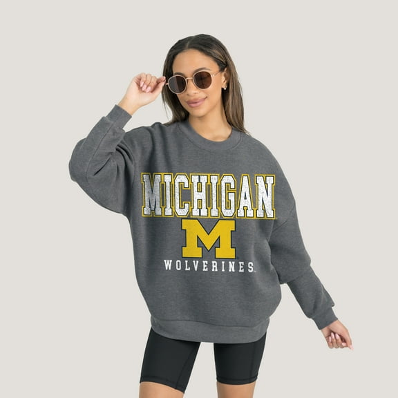 Women's Gameday Couture  Heather Charcoal Michigan Wolverines Oversized Distressed Fleece Pullover Sweatshirt