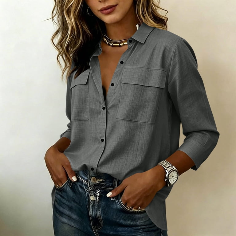 Odbmxy Shirts for Women Cotton Linen Fall Button Down 3/4 Sleeve Blouse Women Plain Holiday Collared Cardigan Tops