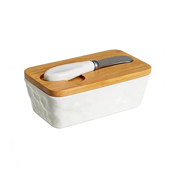YUN TAO Ceramic Butter Dish with Wooden Lid, Large Butter Container Keeper Storage with Stainless Steel Knife Spreader, Bamboo Cover and Silicone Sealing Ring, White