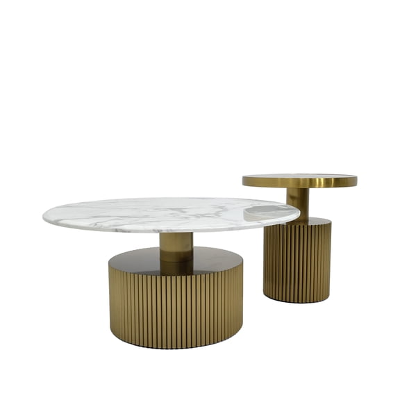 Nesting Coffee Table with White Marble Top with Matte Gold Frame and Black Glass