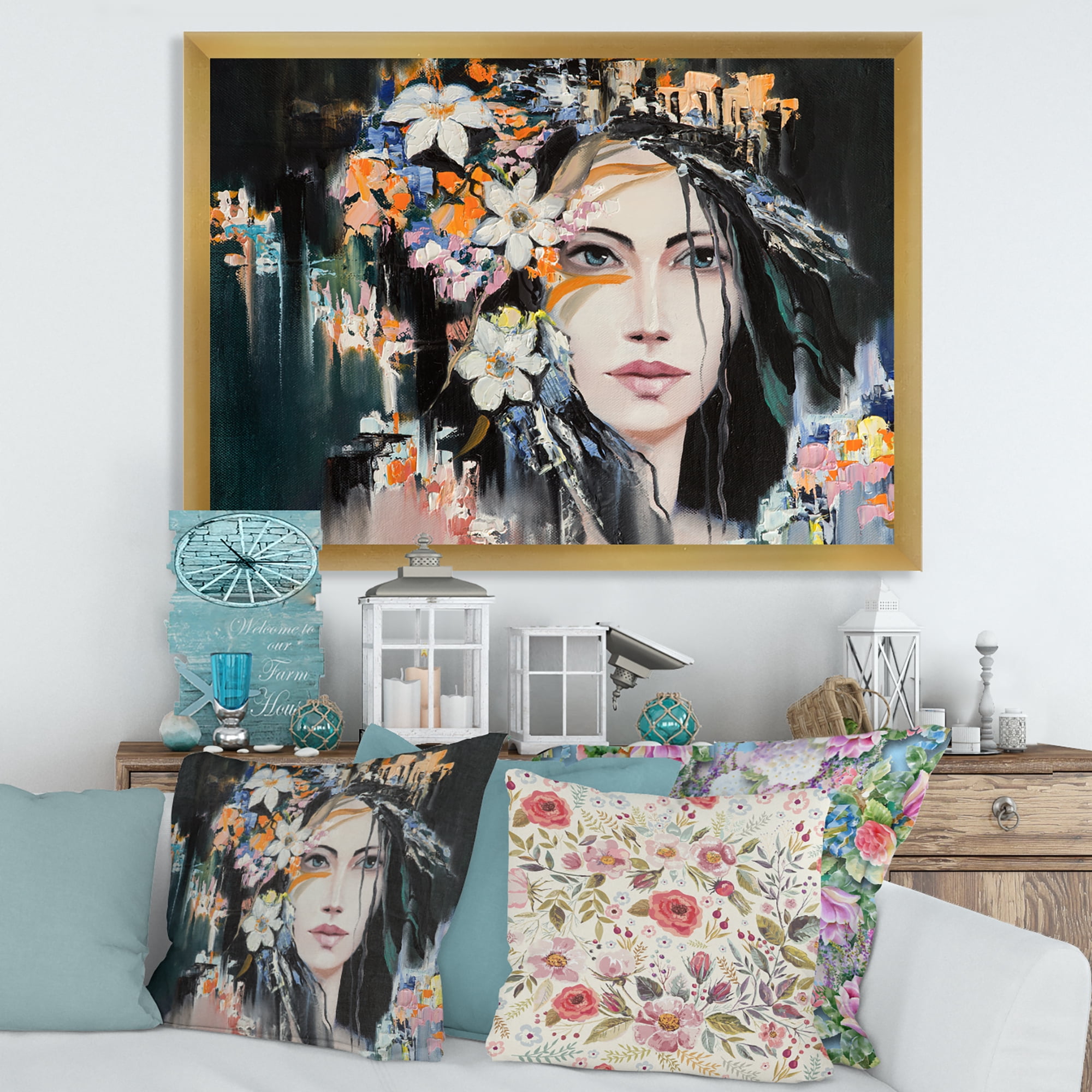 Designart 'Portrait Of A Young Woman With Flowers I' Modern Framed Art Print