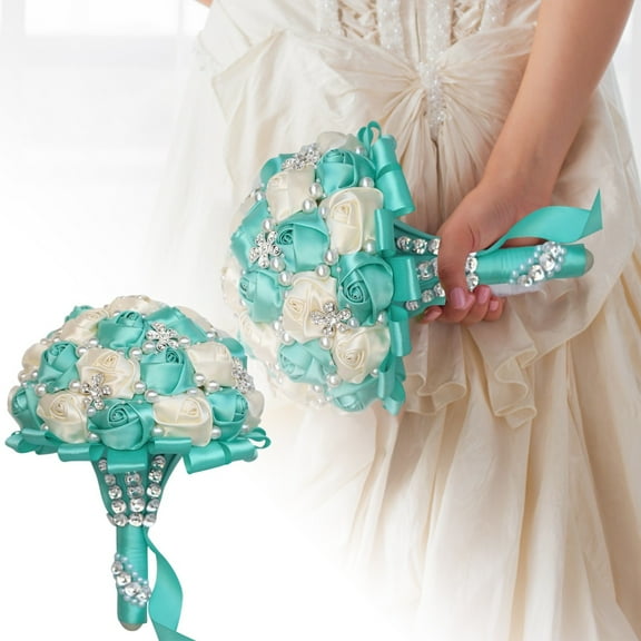 Royal Bridal Bouquet Handmade with Satin Roses & Pearls - Wedding Bouquet Holder for Bride and Bridesmaids, Rhinestone Wedding Flower Arrangements in Ivory White