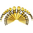 thumbnail image 1 of Kit de 36 medidores para estiramiento del lóbulo de la oreja (tono dorado) – Tapones de túnel con ajuste de tornillo de llamarada único, conos expansores, joyería corporal de acero quirúrgico, 1 of 5