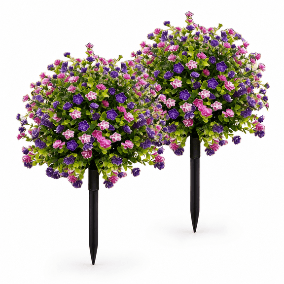 2 Pack Artificial Outdoor Flowers with Ground Stakes, Faux Purple Camellia and Eucalyptus Plants for Garden Beds, Porch Planters, Patio and Yard Decor