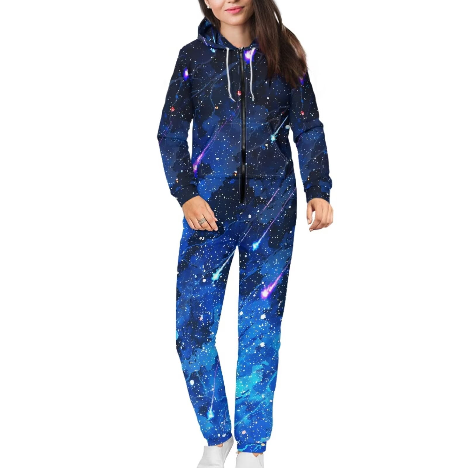 POLERO Mens Jumpsuit Halloween Face Print Pajama Unisex One Piece Playsuit Adult Onesie With Hood, Size S