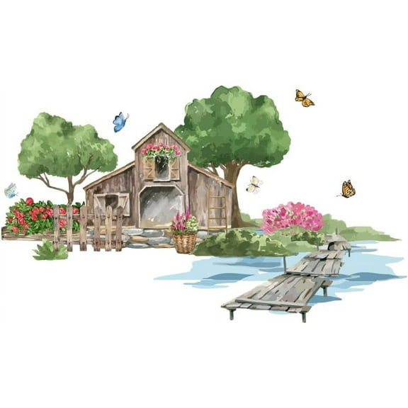 Tree and House Wall Stickers Large Green Tree Wall Decals Watercolor Butterfly Tree Landscape Wall Decal River House Decor for Bedroom Nursery Living Room colorful DIY