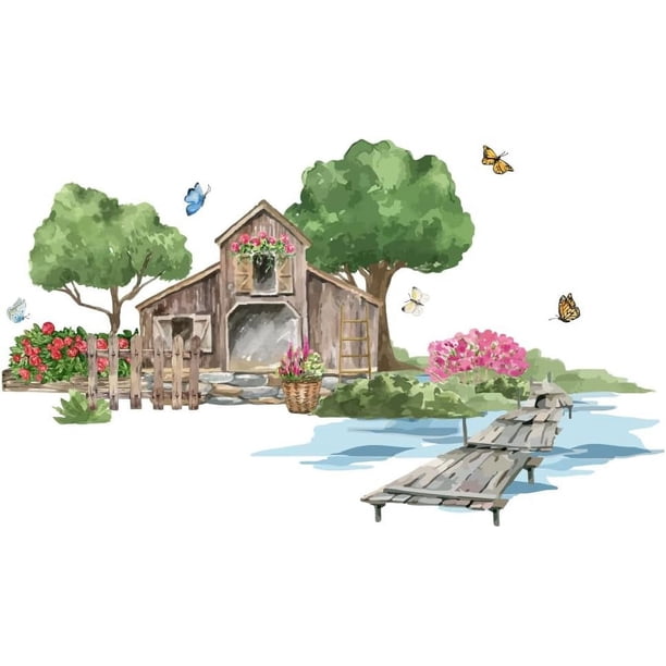 Pegatinas de pared de árbol y casa, grandes calcomanías de pared de árbol verde, acuarela, mariposa, árbol, flores, vinilo, calcomanías de pared de paisaje natural, decoración de casa con río