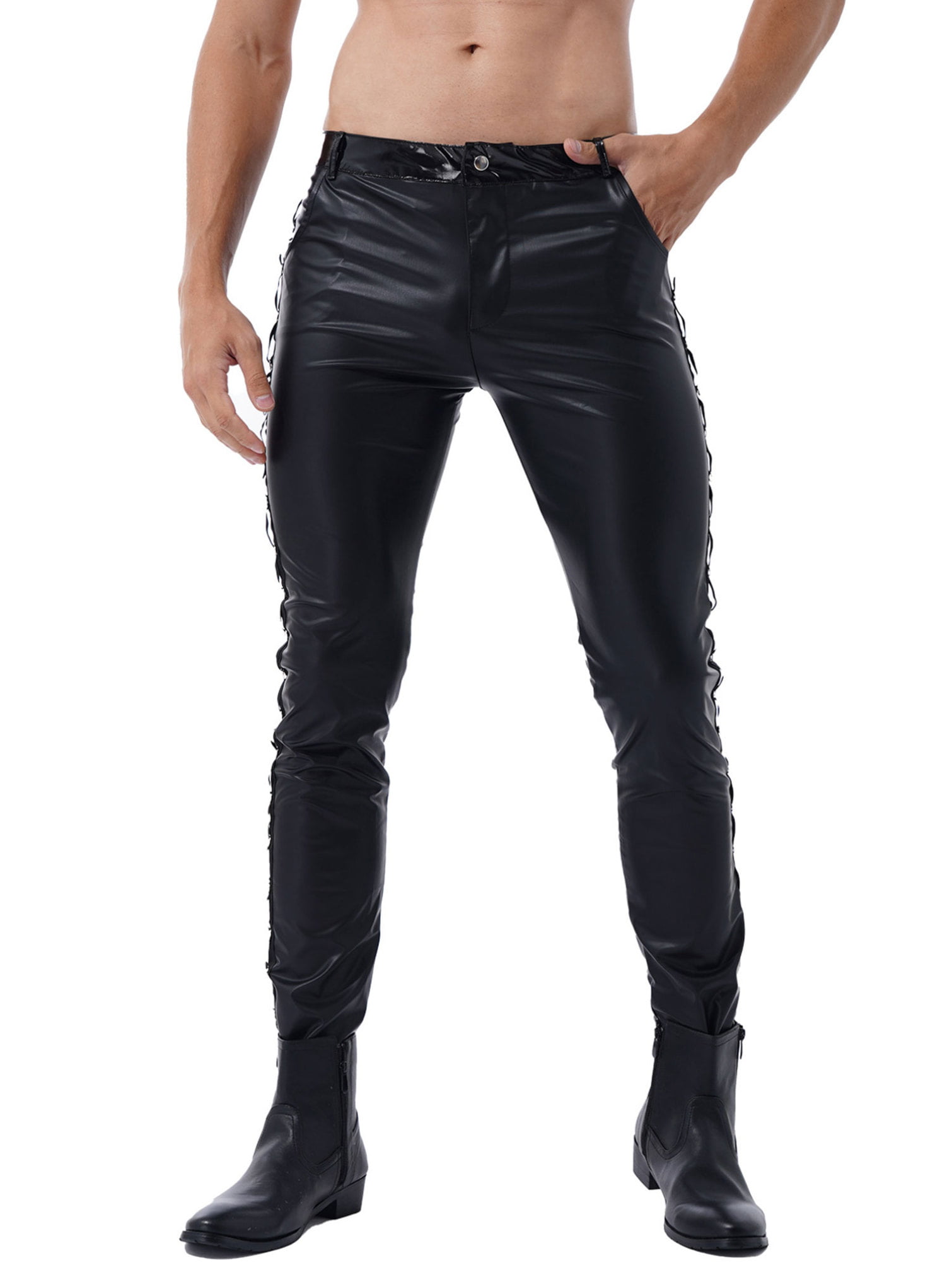 Mens Wet Look Stretch Faux Leather Trousers Soft Breathable Slim Pants Clubwear
