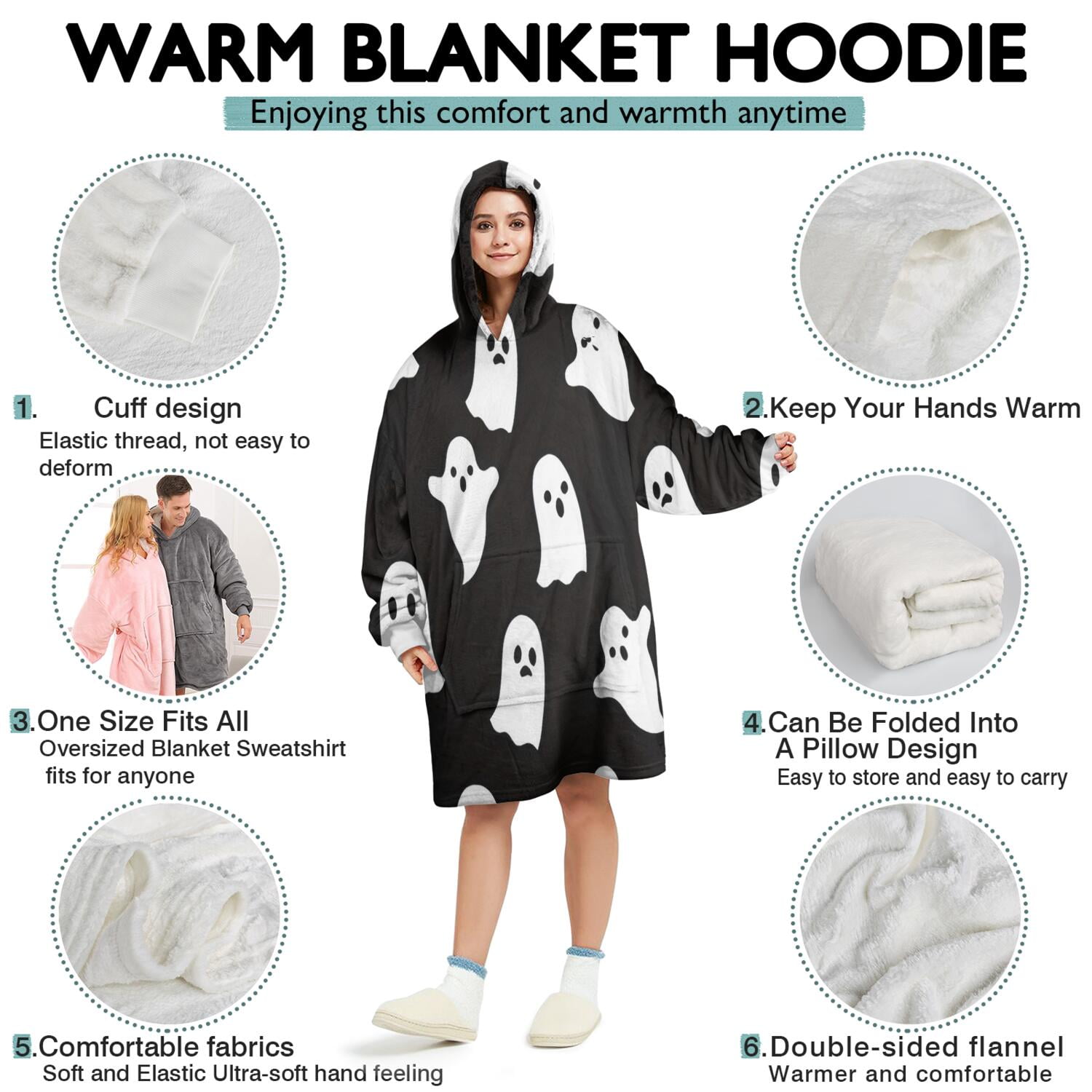 Wearable Oversized Blanket,Black Halloween Ghosts Wearable Blanket Hoodie for Adults,Cozy Hooded Blankets with Super Pockets,Super Warm Fuzzy Pullover for Women & Men
