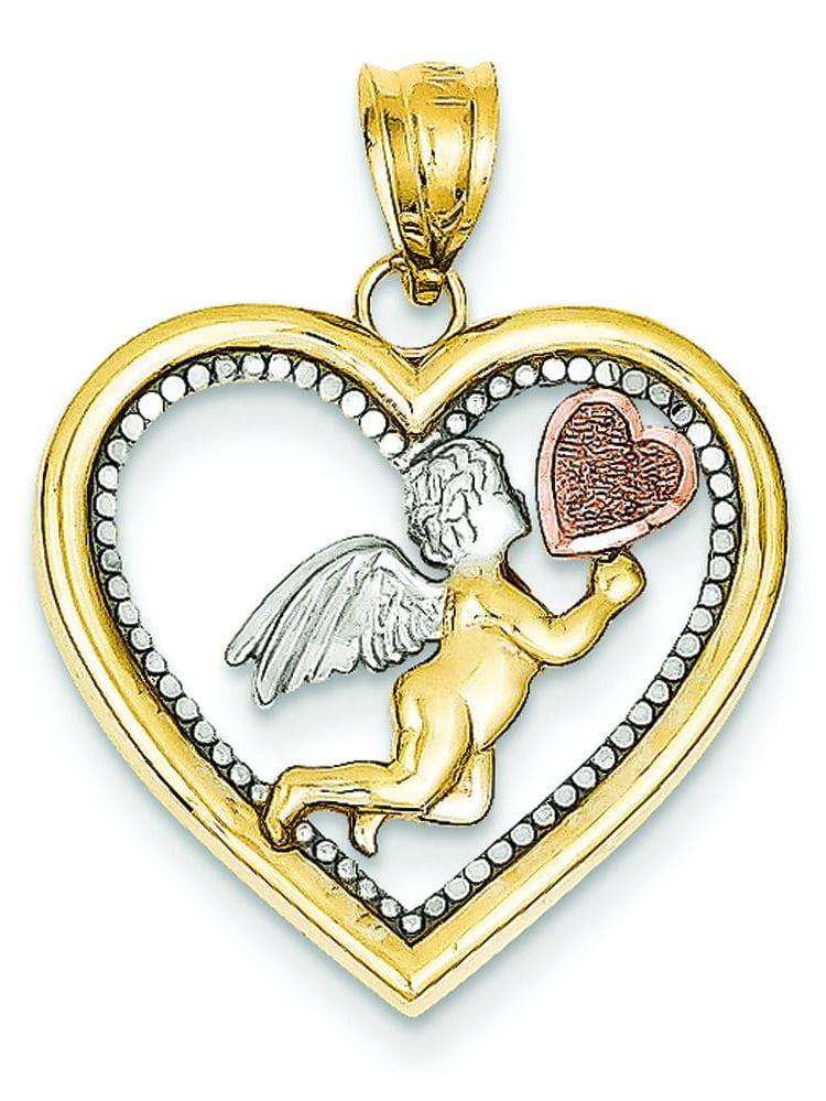 14k Tri-Color Gold Thinking Angel Heart Charm Pendant
