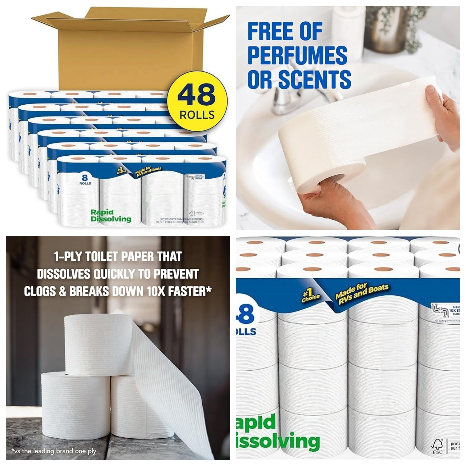 Rapid-Dissolving Toilet Paper, 48 Double Rolls (6 Packs of 8), Septic-, Toilet Paper
