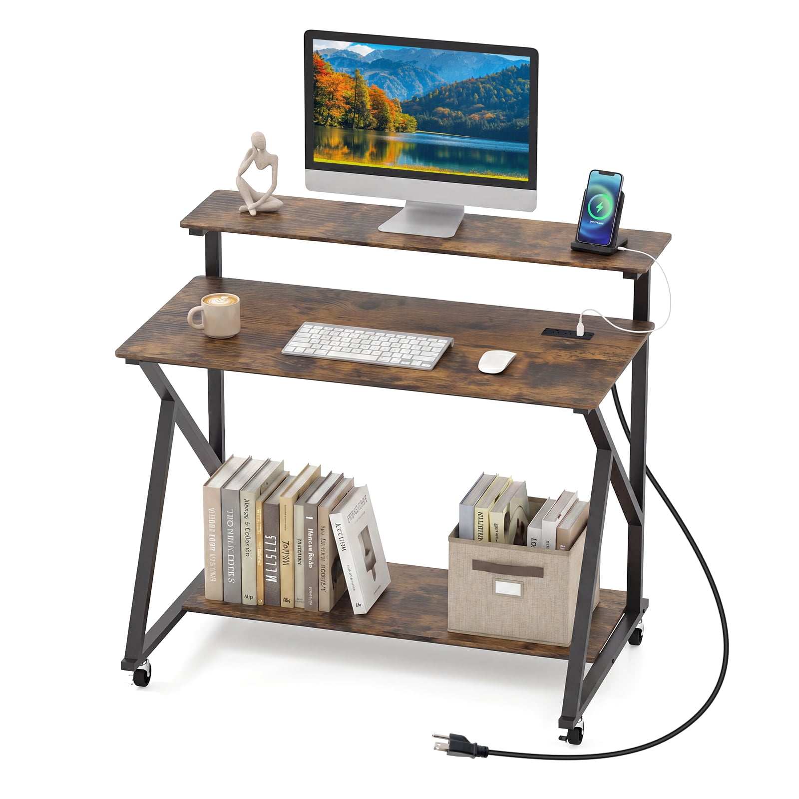Costway Rolling Computer Desk with Charging Station Monitor Stand Storage Shelf for Writing Rustic Brown