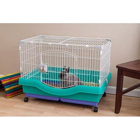 Large Portable Wire Rabbit Cage with Top Access and Two Tray Division, Easy Access Secure Lock and Easy to Clean Movable House for Small Sized Animals Rabbit Guinea Pigs Rat Hamster, Green