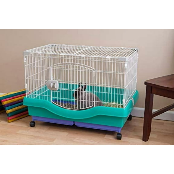 Large Portable Wire Rabbit Cage with Top Access and Two Tray Division, Easy Access Secure Lock and Easy to Clean Movable House for Small Sized Animals Rabbit Guinea Pigs Rat Hamster, Green